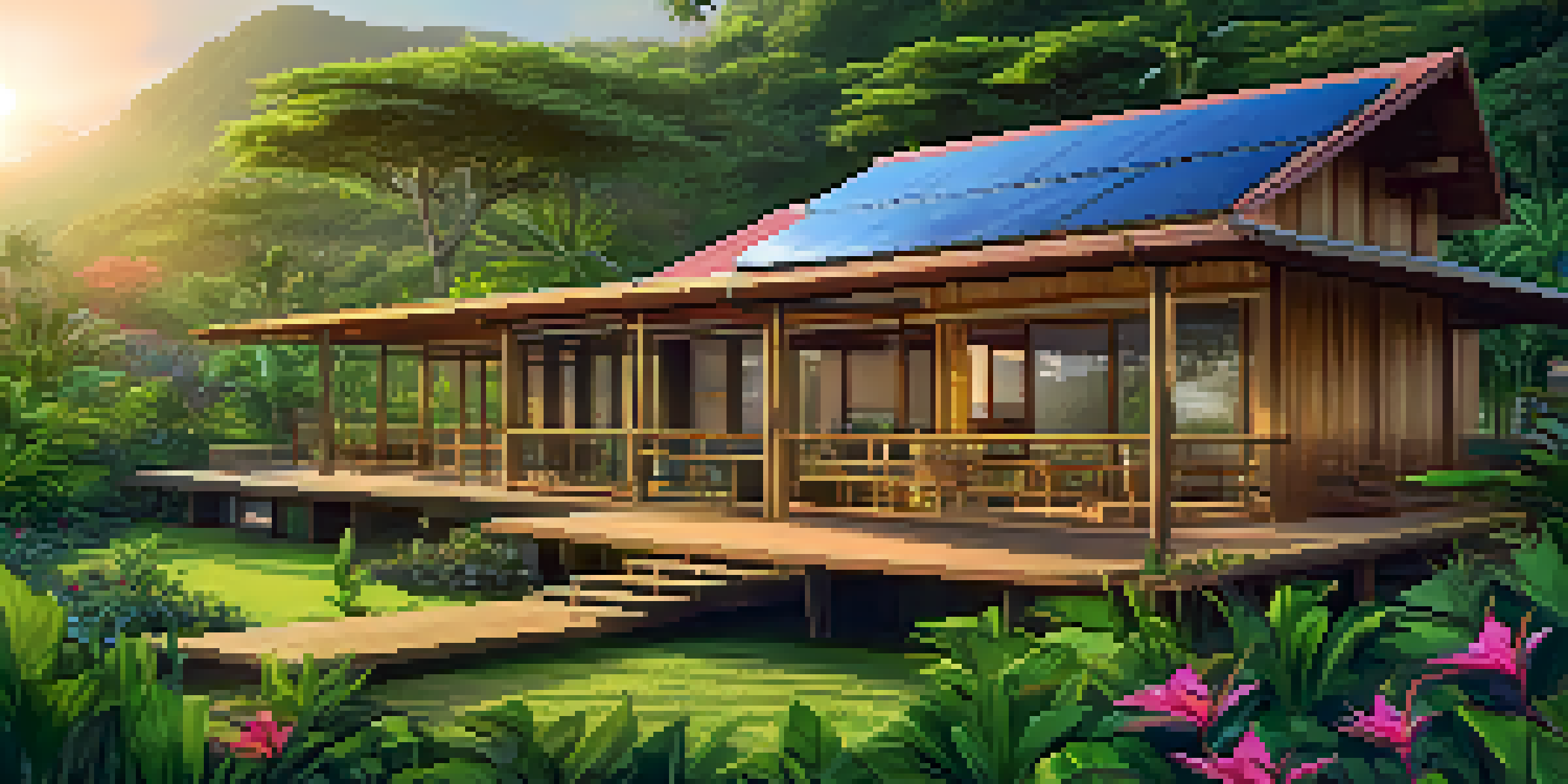 A picturesque eco-lodge in Honolulu, surrounded by tropical plants, with solar panels on the roof and a vibrant garden in the foreground.