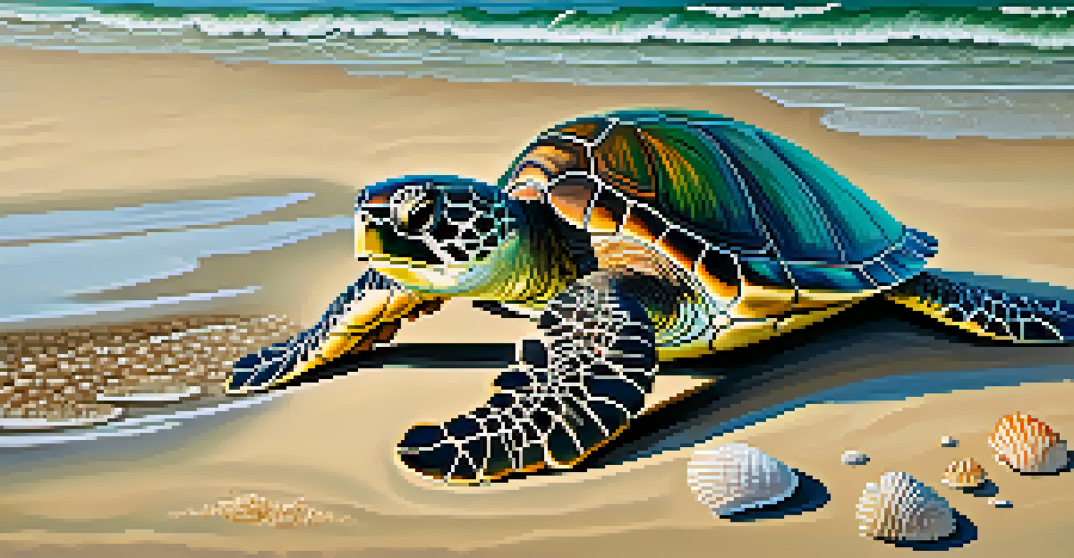 A close-up image of a green sea turtle resting on a sandy beach.