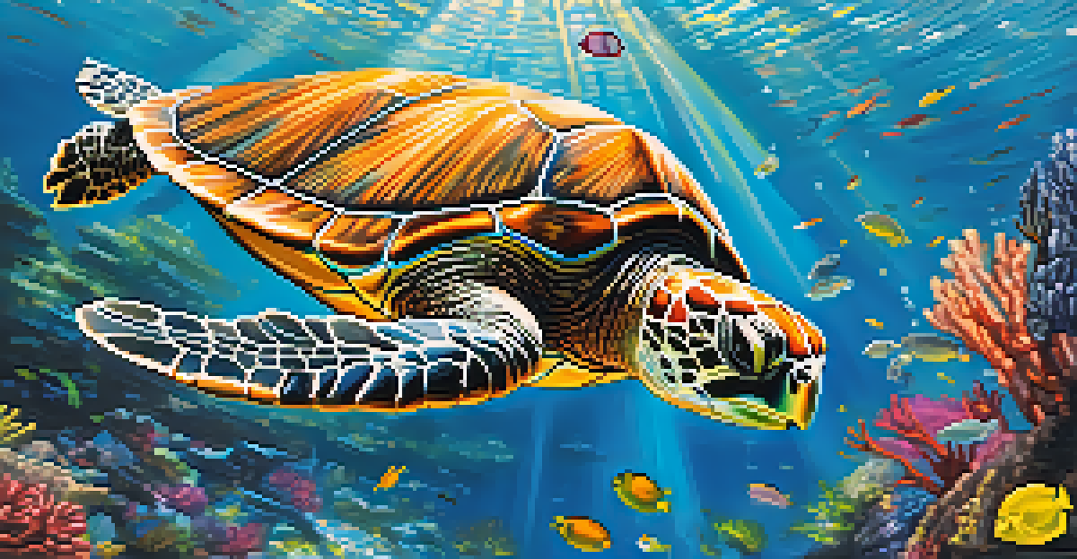 A sea turtle swimming near coral reefs, surrounded by plastic waste, illustrating the impact of pollution on marine life.