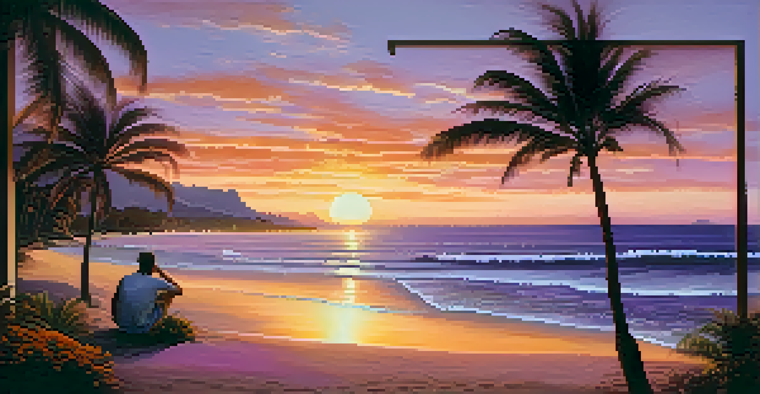 A stunning beach in Hawaii at sunset with palm trees and colorful skies reflecting on the water.