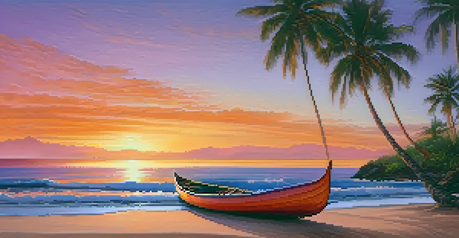 A sunset view of a traditional Hawaiian canoe by the beach, with vibrant sky colors reflecting on the water and palm trees in the foreground.