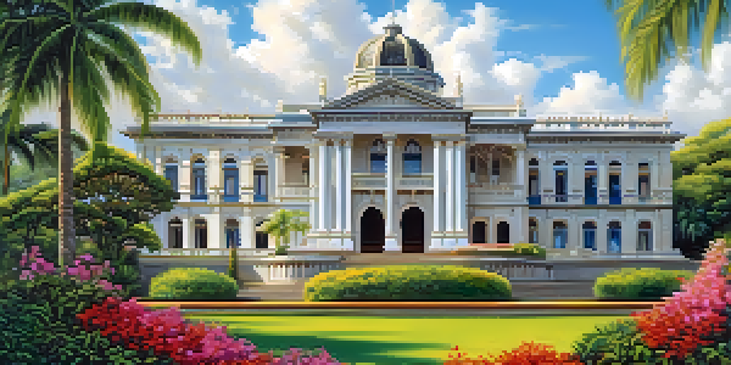 A bright and colorful view of Iolani Palace surrounded by tropical gardens in Honolulu.