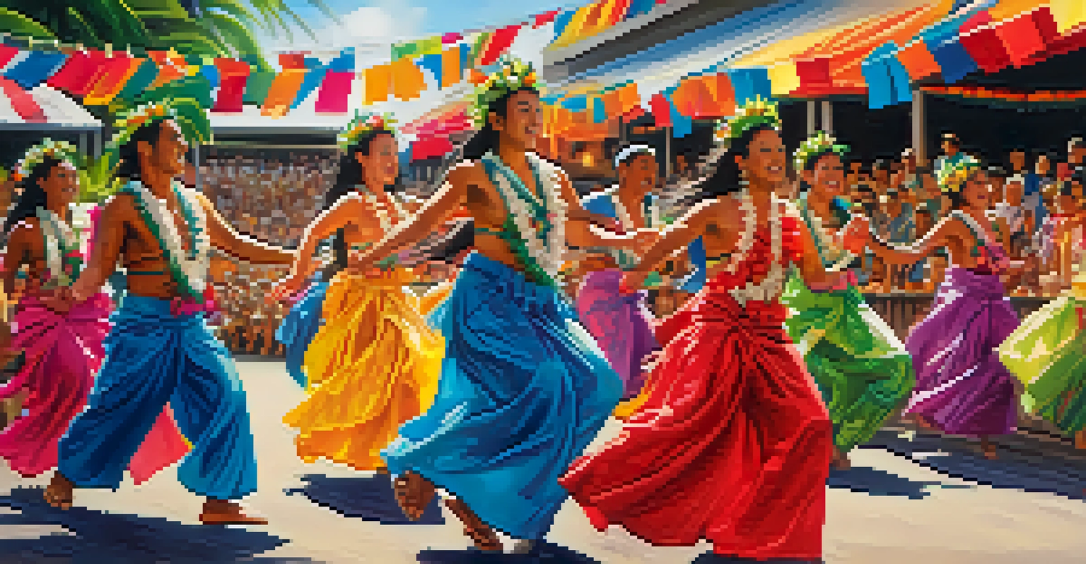 Colorful performers at the Honolulu Festival, dressed in traditional Hawaiian costumes, dancing joyfully amidst vibrant decorations and local crafts.