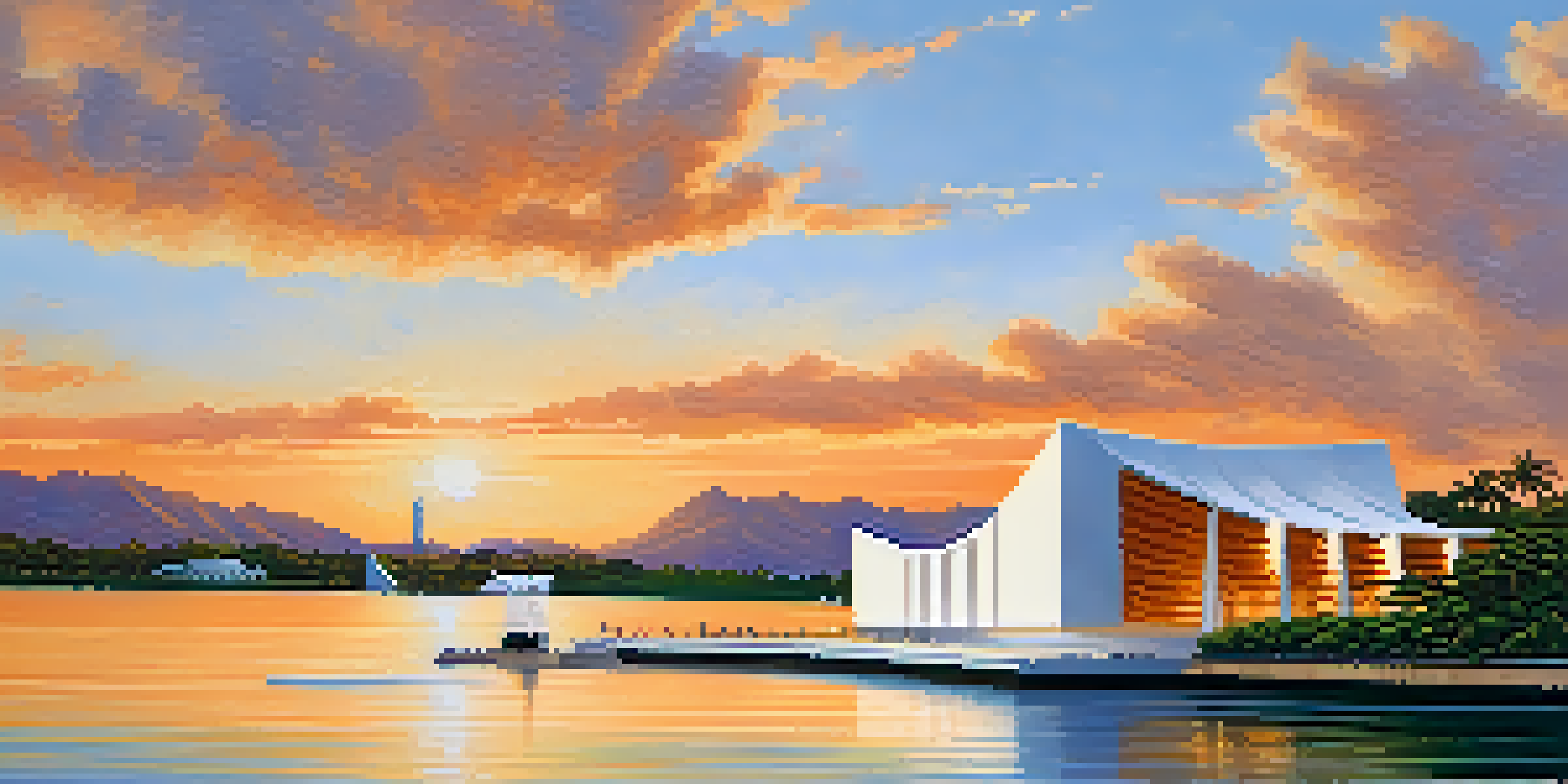 A peaceful sunset view of the USS Arizona Memorial at Pearl Harbor, with golden hues reflecting on the water and visitors in the foreground.
