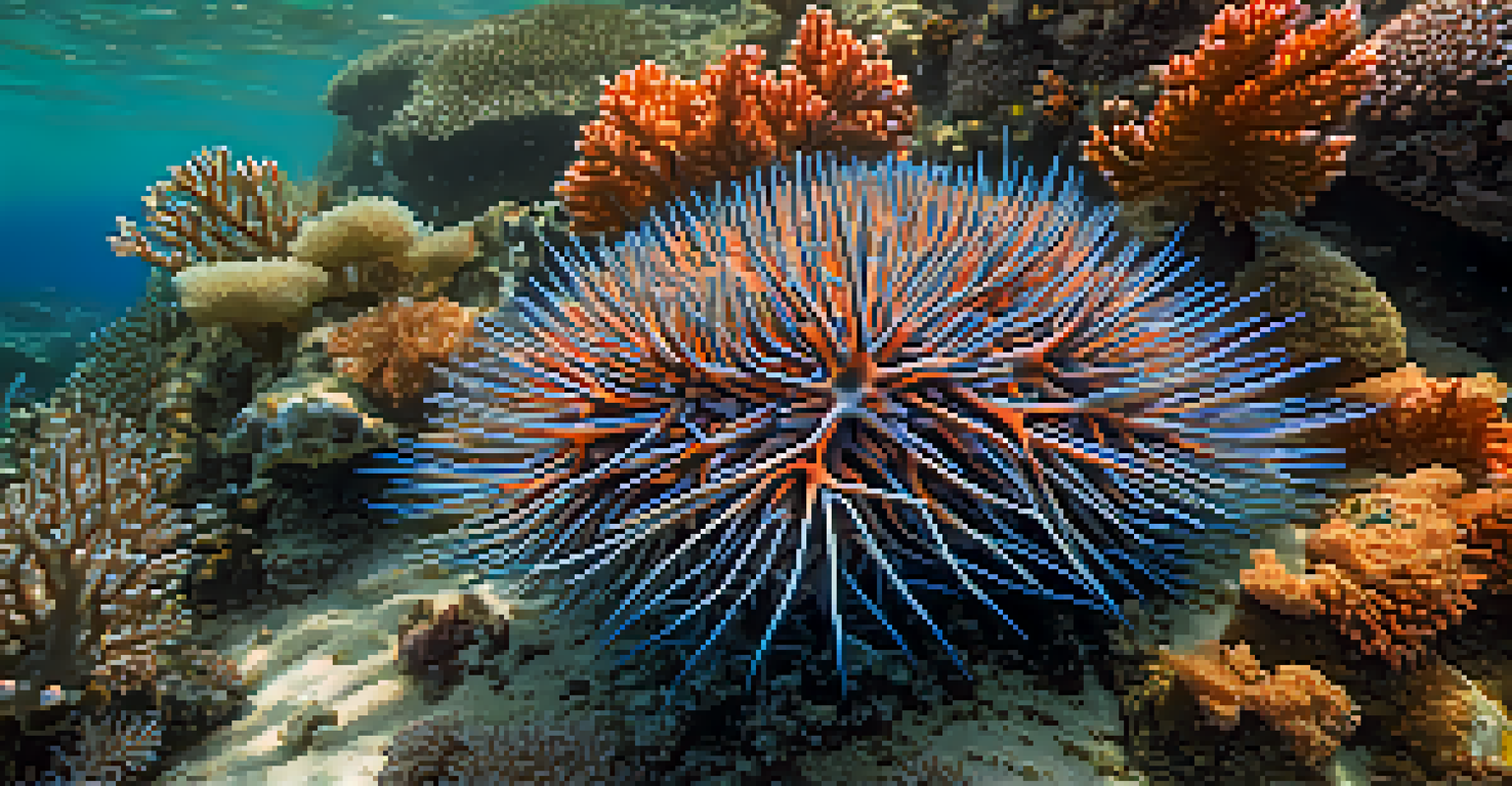 A close-up view of a crown-of-thorns starfish on a coral reef, showcasing its spiny texture and the surrounding corals.
