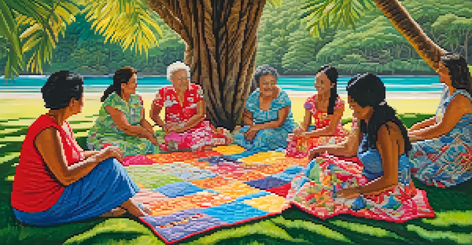 A group of Hawaiian quilters working together outdoors, surrounded by colorful fabrics and the lush greenery of Hawaii, with a large tree providing shade in the background.
