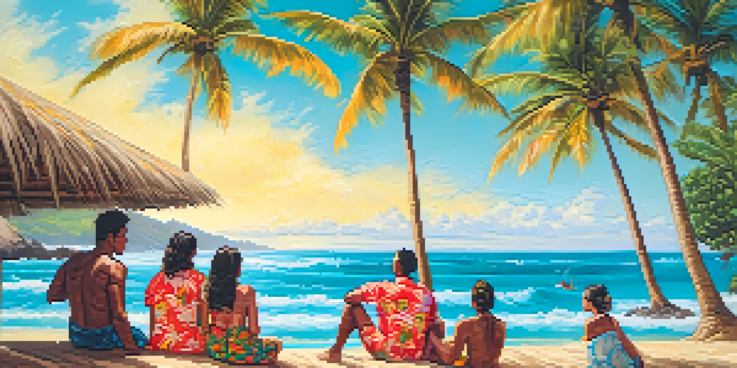 A diverse group of people wearing colorful Hawaiian shirts and floral dresses at a sunny beach, surrounded by palm trees.