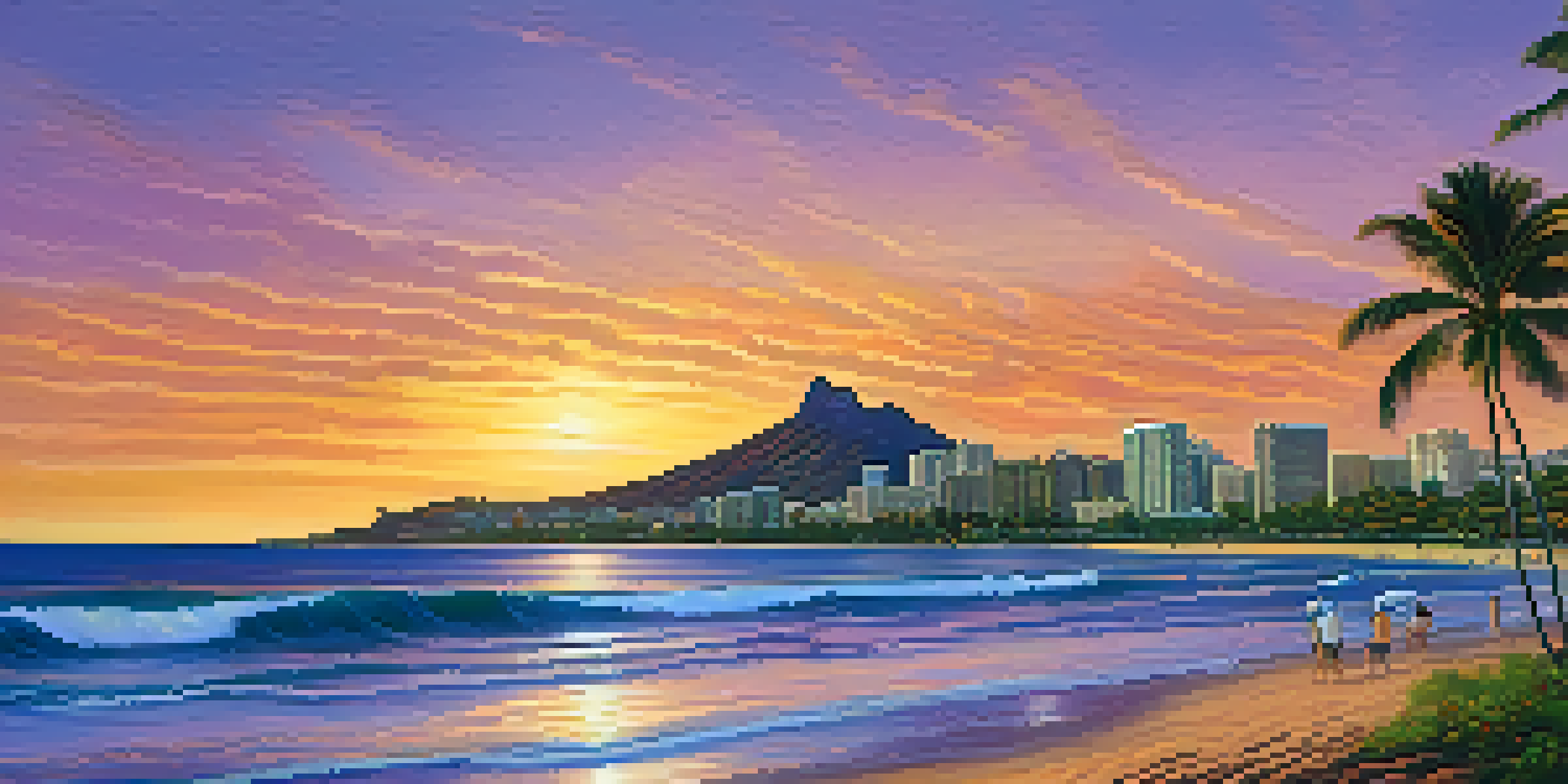 A panoramic view of Honolulu's coastline at sunset with Diamond Head crater in the background, warm sunset colors reflecting on the ocean and palm trees in the foreground.