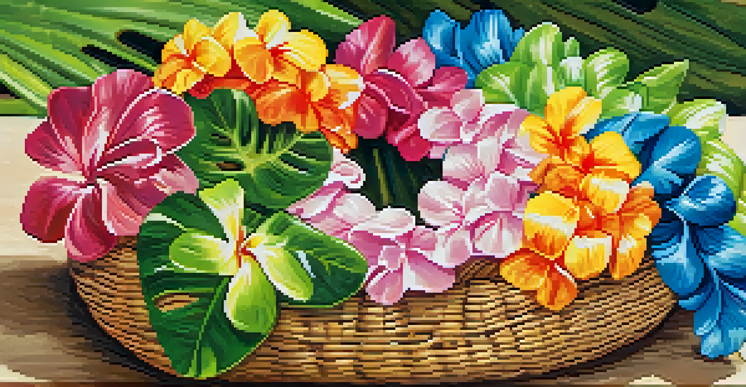 Various types of Hawaiian leis including flower, shell, and ti leaf leis displayed in a woven basket, with bright lighting and ocean waves in the background.