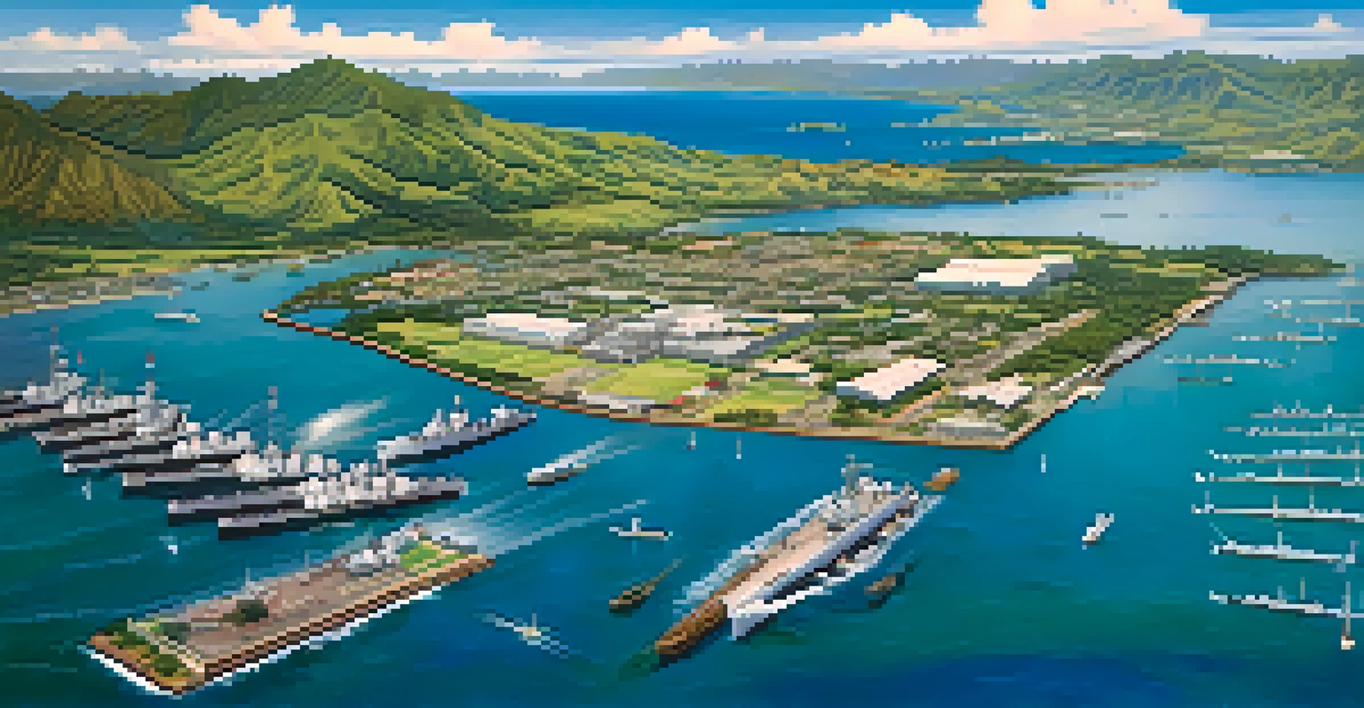 An aerial view of Pearl Harbor with military ships in tranquil waters, surrounded by green hills and historical structures under a clear blue sky.