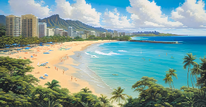A beautiful beach scene in Honolulu, featuring golden sand, clear blue water, and palm trees under a sunny sky.