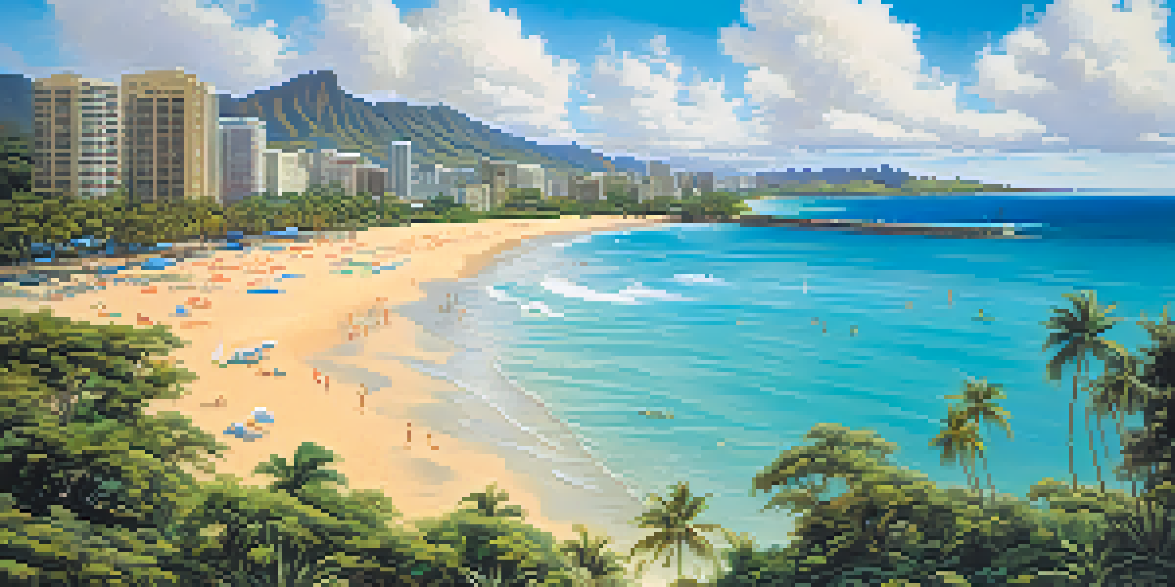 A beautiful beach scene in Honolulu, featuring golden sand, clear blue water, and palm trees under a sunny sky.