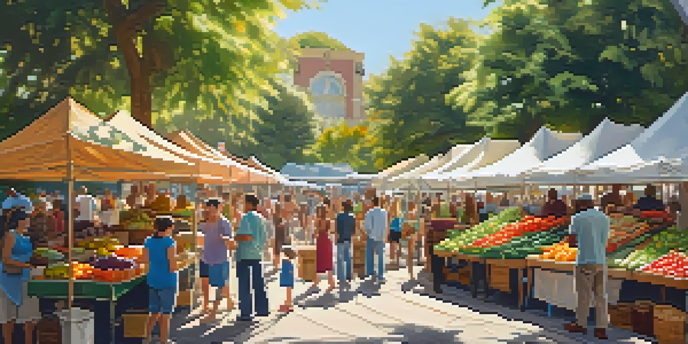 A busy farmers' market with colorful stalls offering fresh fruits and local foods, filled with people enjoying the atmosphere.