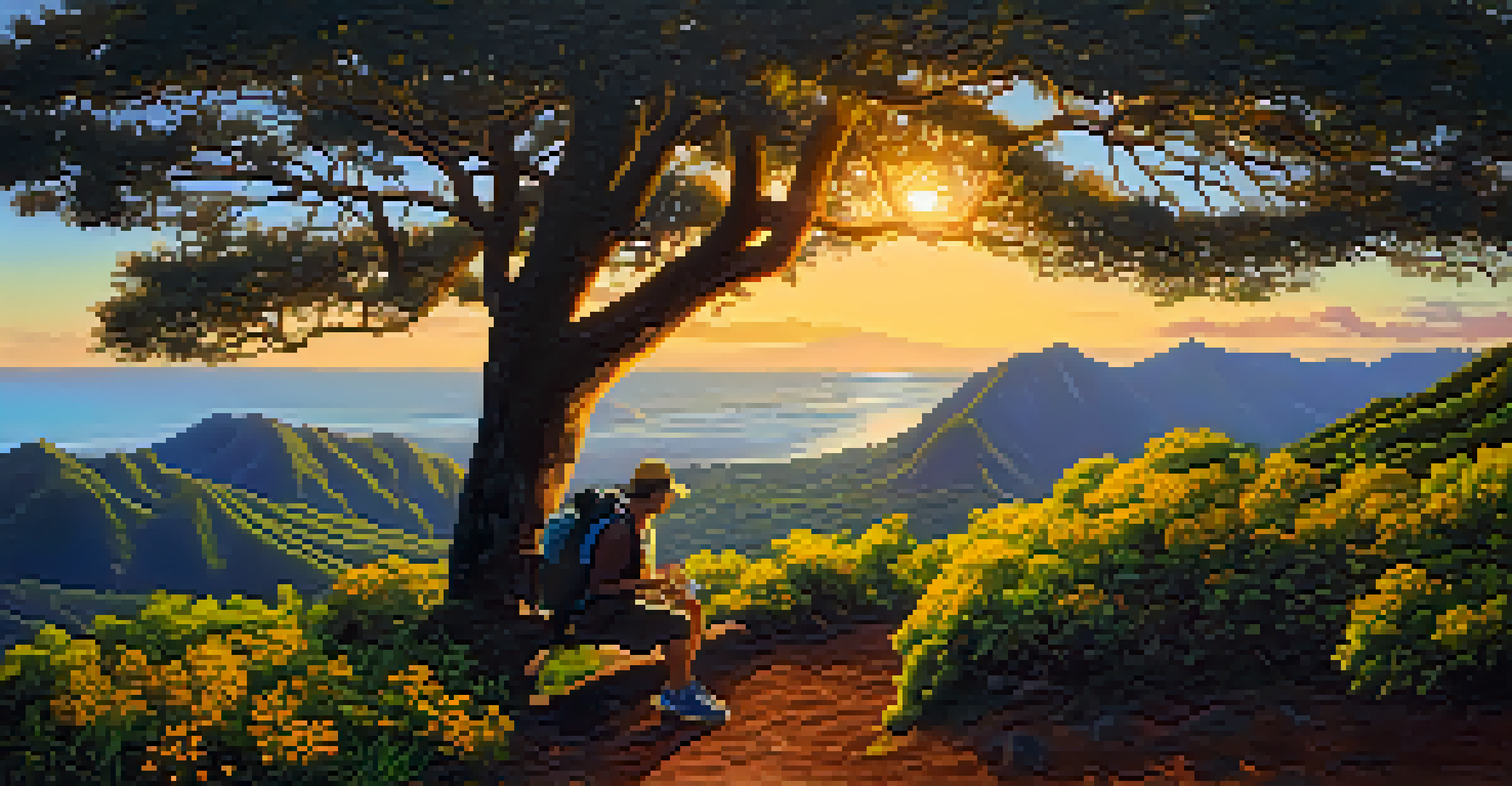 A hiker taking a break under a tree on a Honolulu trail during sunrise, surrounded by vibrant flowers and mountains.