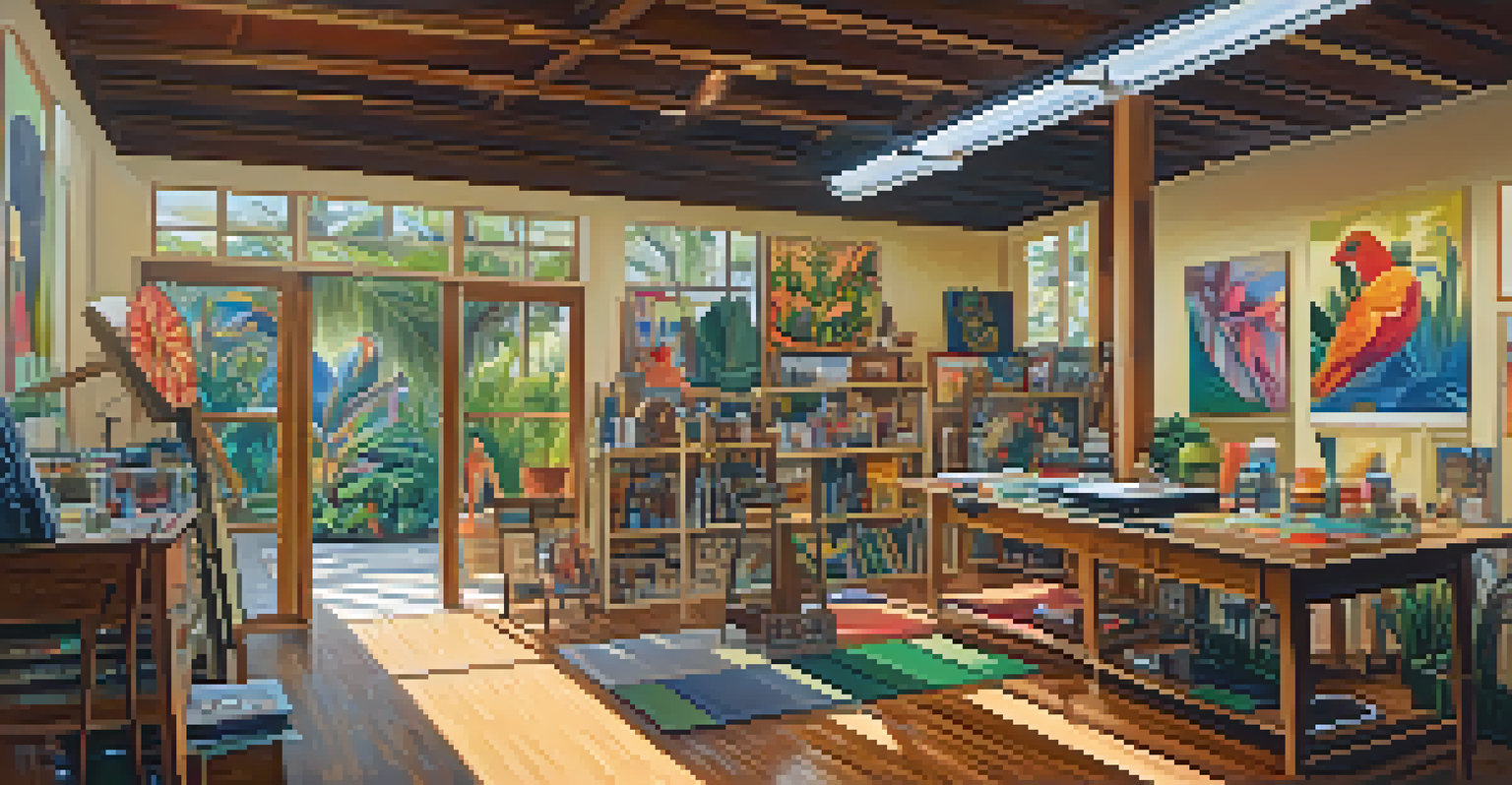 A colorful artist's studio in Hawaii, showcasing a blend of traditional and modern Hawaiian art styles with natural light illuminating the space.