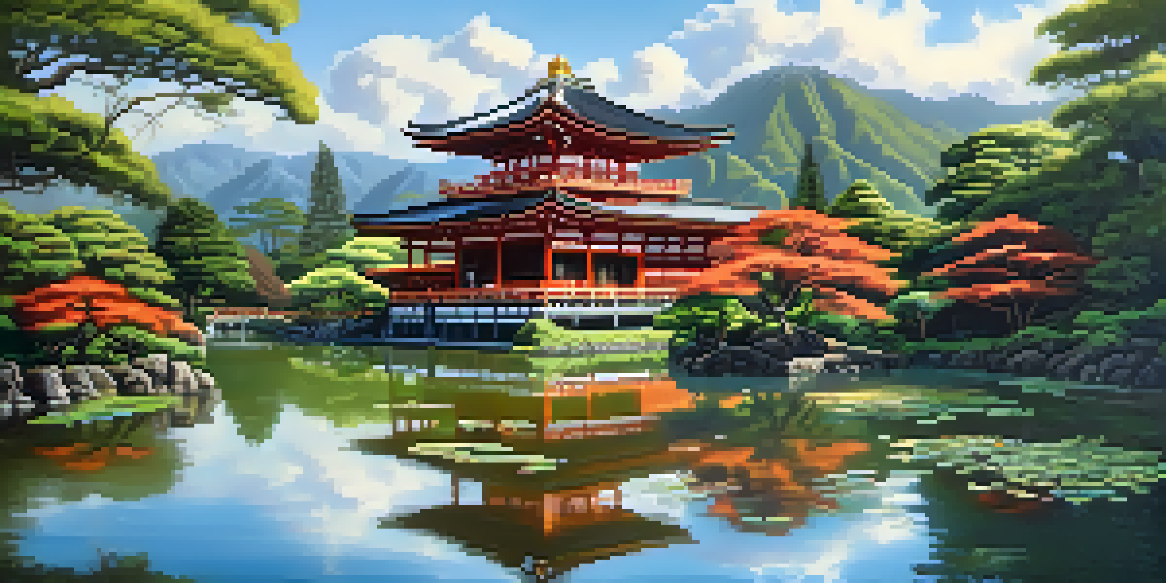 A peaceful scene showcasing the Byodo-In Temple with its intricate architecture surrounded by tranquil gardens and a koi pond.