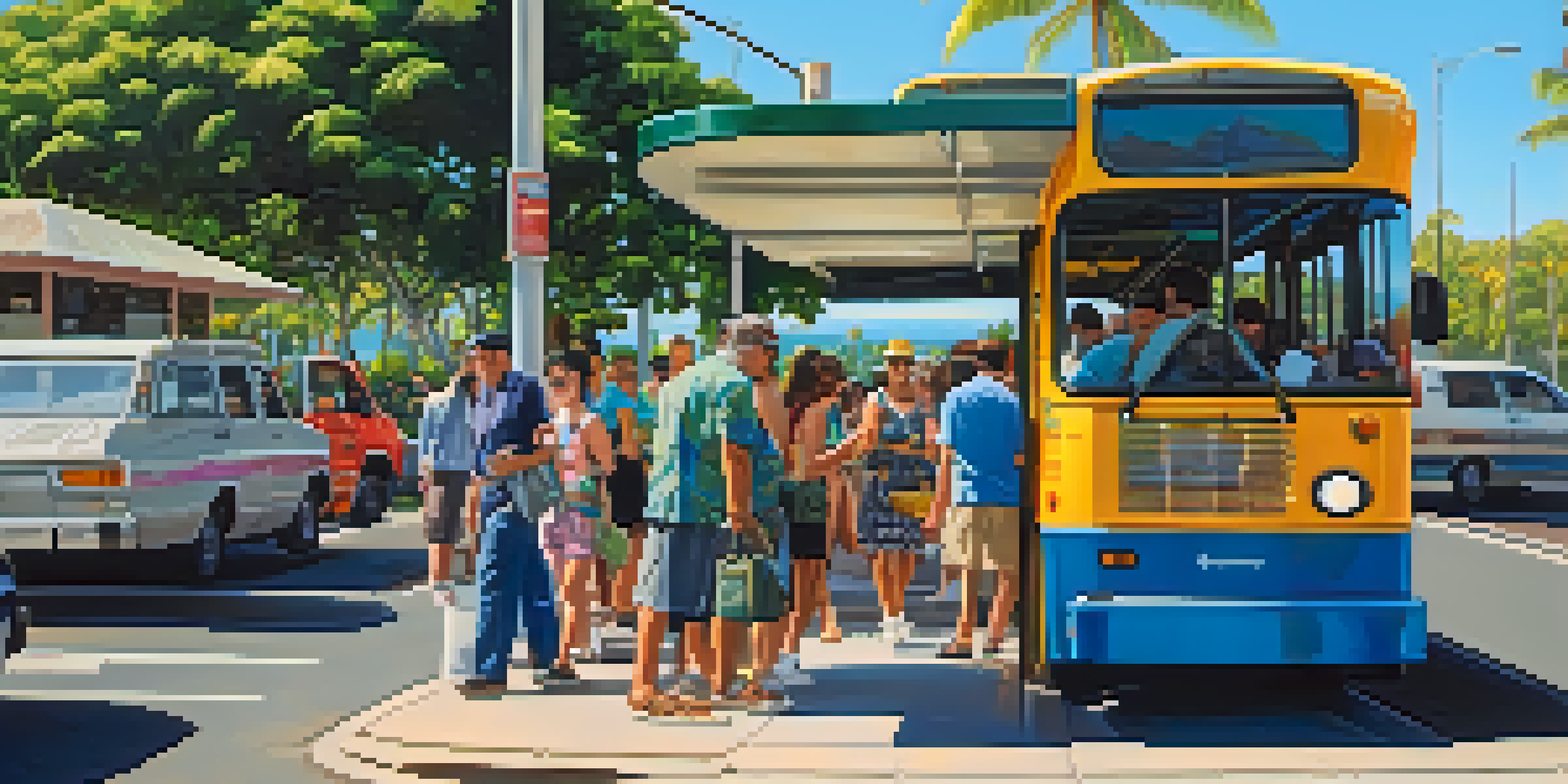 A bus stop in Honolulu featuring TheBus, surrounded by tropical plants and palm trees, with people checking maps and phones under a clear blue sky.