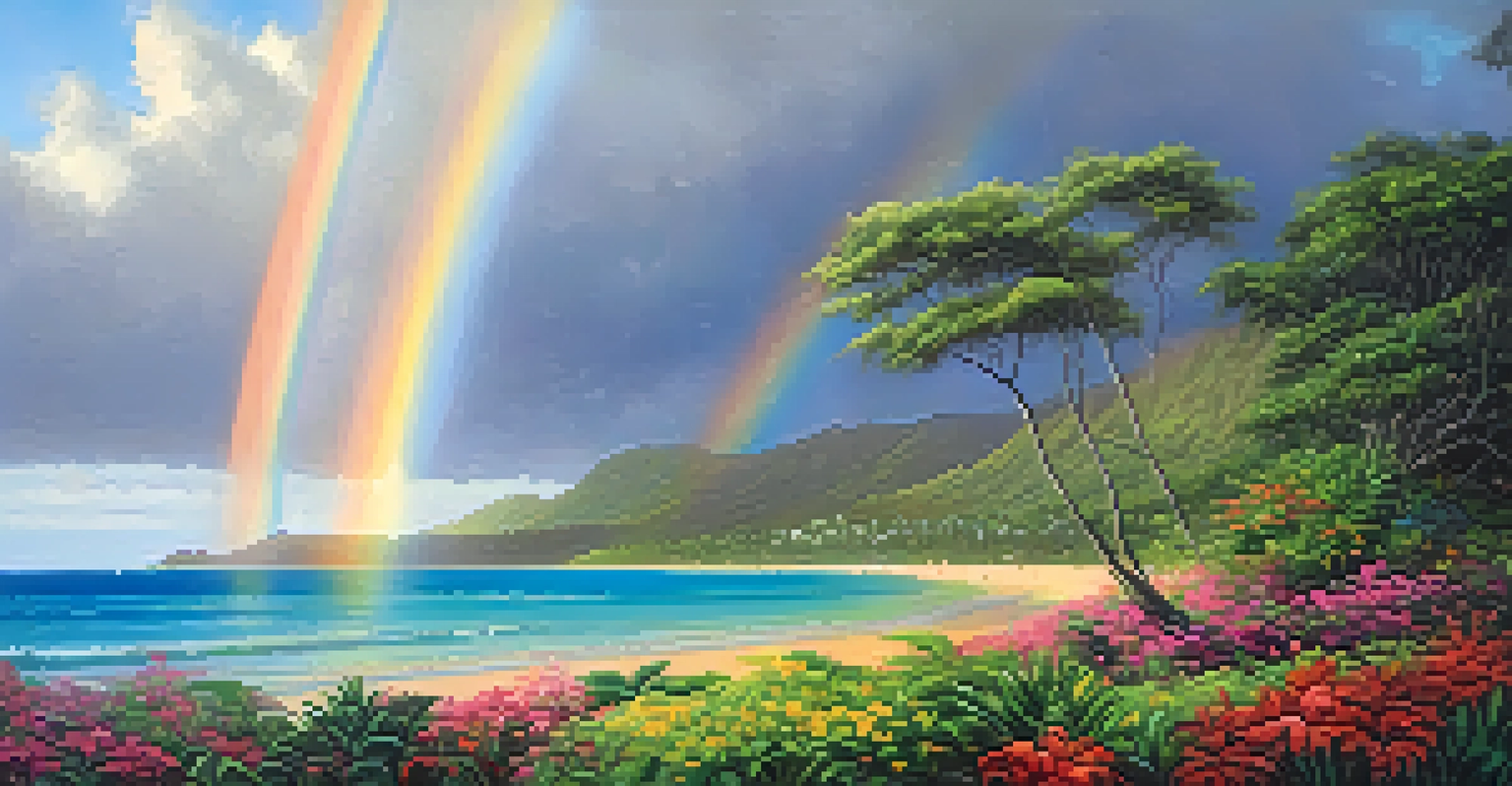 A beautiful view of Honolulu's lush landscape with a rainbow after a rain shower, showcasing vibrant flowers and a calm beach in the background.