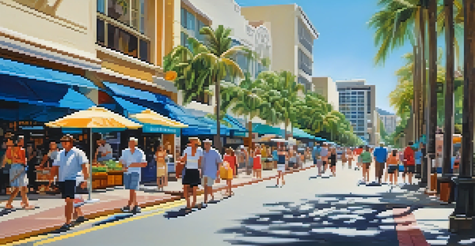 A busy Waikiki street with tourists, shops, and palm trees under a clear blue sky.