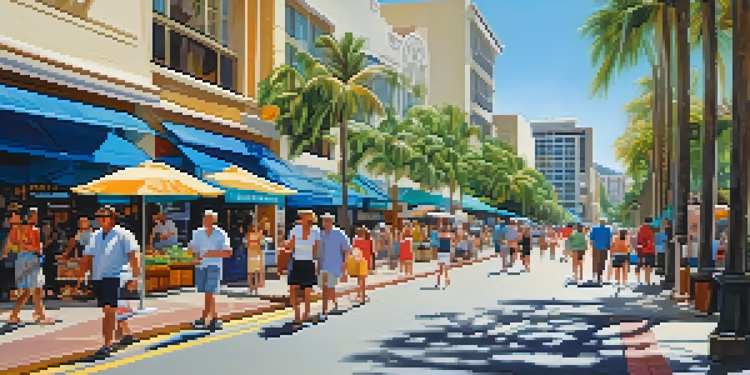 A busy Waikiki street with tourists, shops, and palm trees under a clear blue sky.