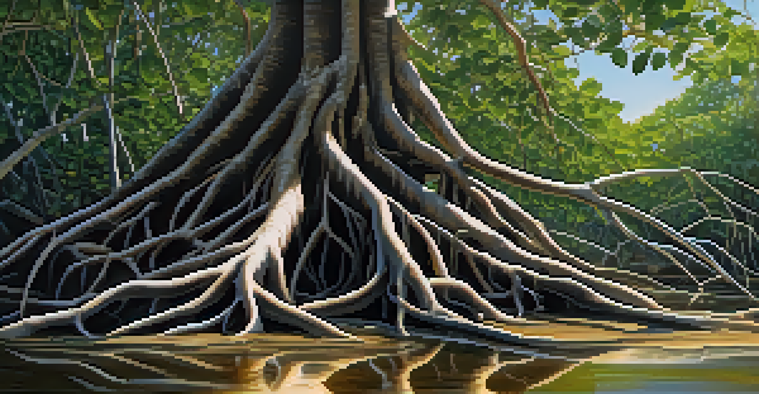 A detailed close-up of mangrove roots with sunlight filtering through, featuring crabs among the intricate root systems.