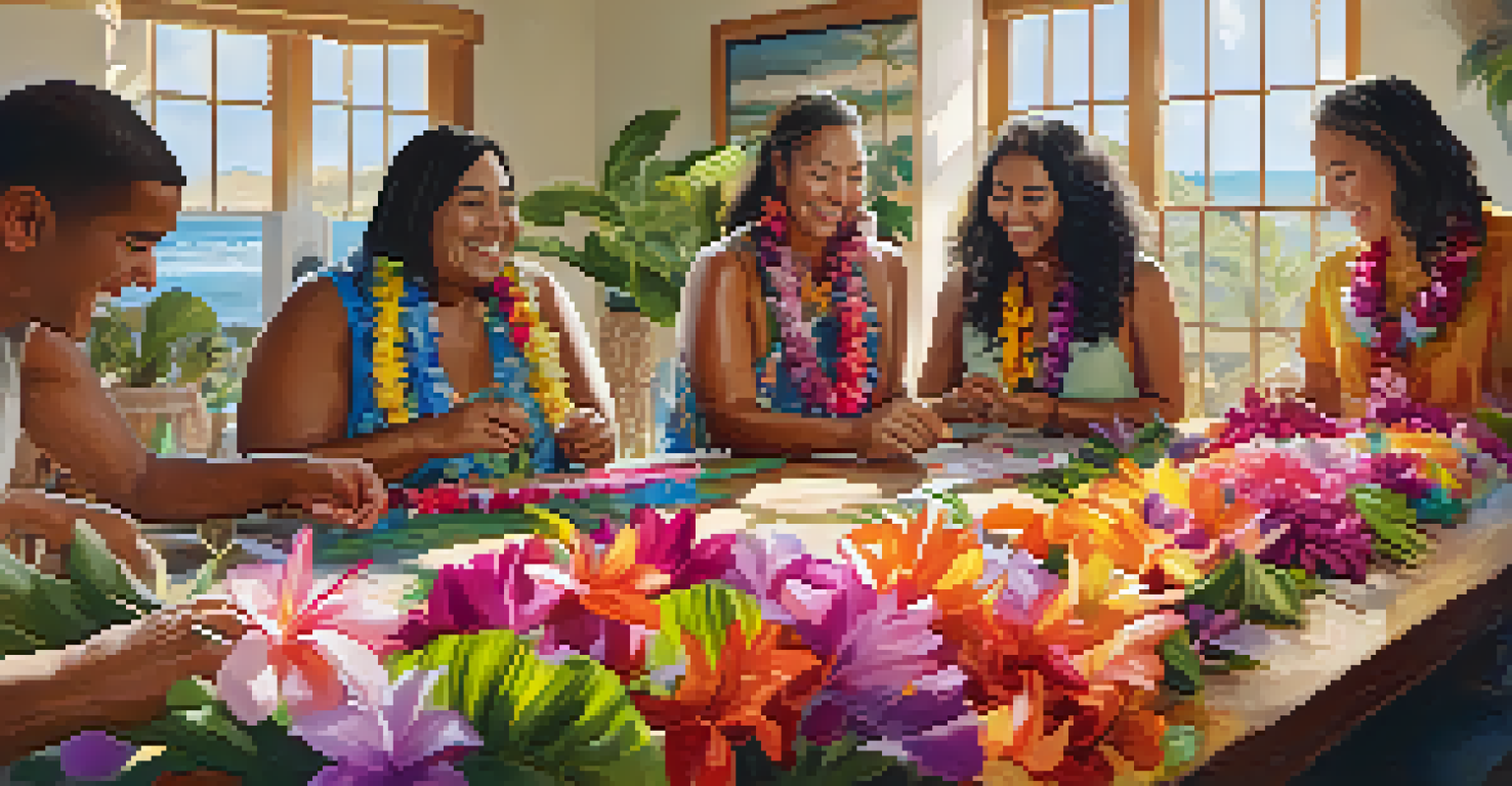 A diverse group of people happily making Hawaiian leis at a workshop, surrounded by flowers and materials, with natural light illuminating the scene.