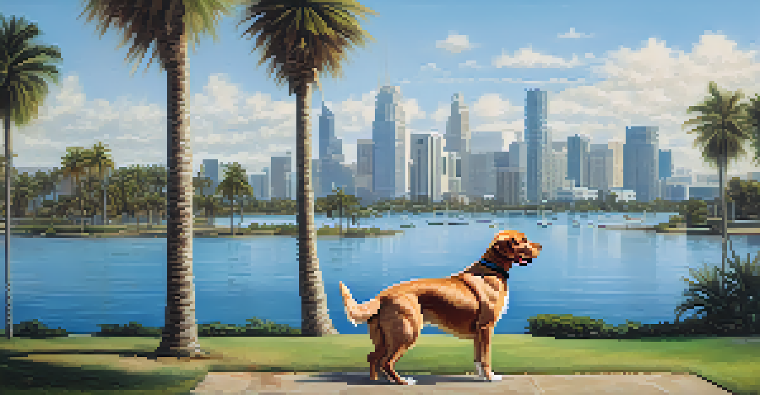 A lagoon with a dog playing, palm trees, and a city skyline in the background.
