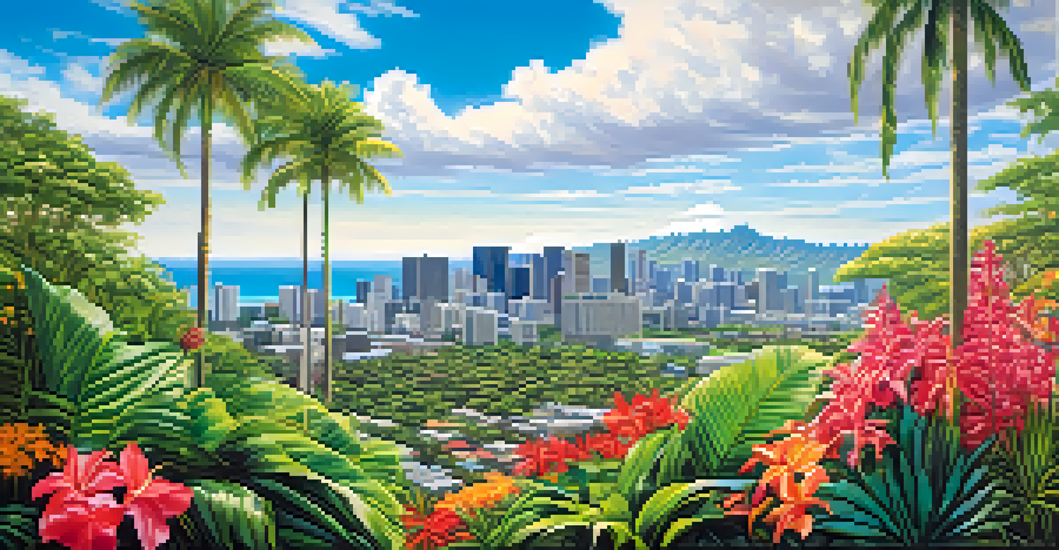 A panoramic view of Honolulu's skyline with green skyscrapers that have vertical gardens and solar panels, surrounded by palm trees and flowers under a clear blue sky.