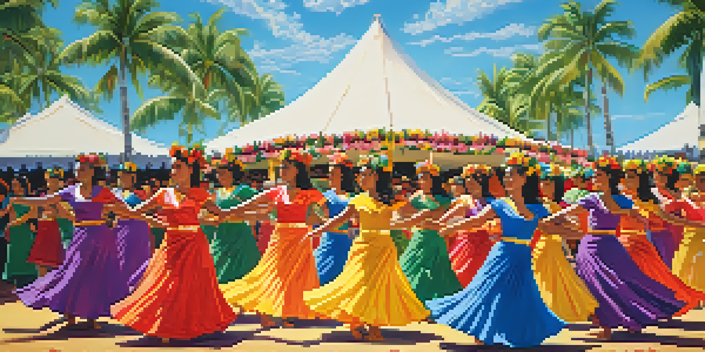Dancers in traditional hula attire performing at the Merrie Monarch Festival, with colorful floral decorations and palm trees in the background.