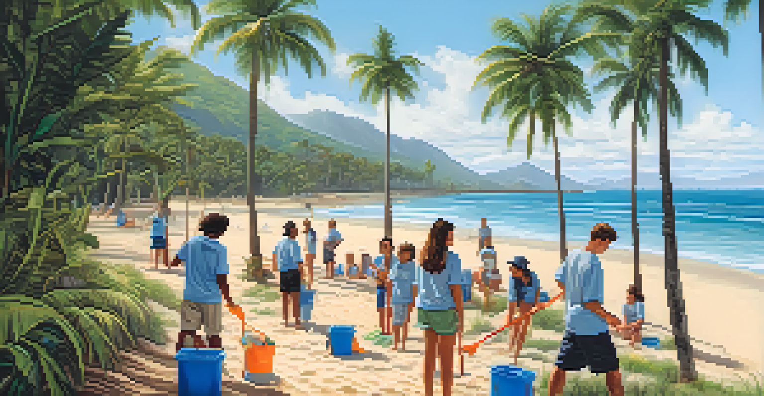 A beach in Honolulu with volunteers cleaning up plastic waste, surrounded by golden sand, palm trees, and a clear blue sky.