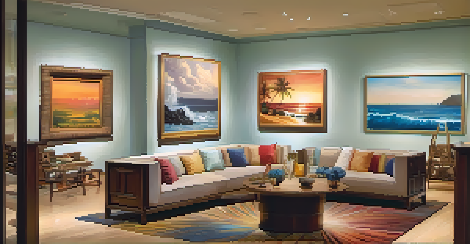 Inside a gallery in Honolulu displaying Hawaiian art with colorful paintings and warm lighting.