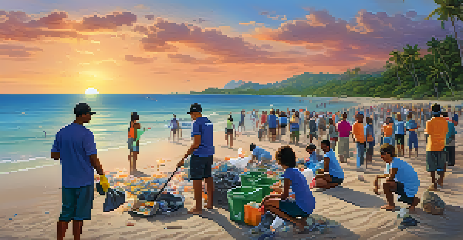 Volunteers participating in a beach clean-up for coral reef conservation, with the ocean and colorful sunset in the background.