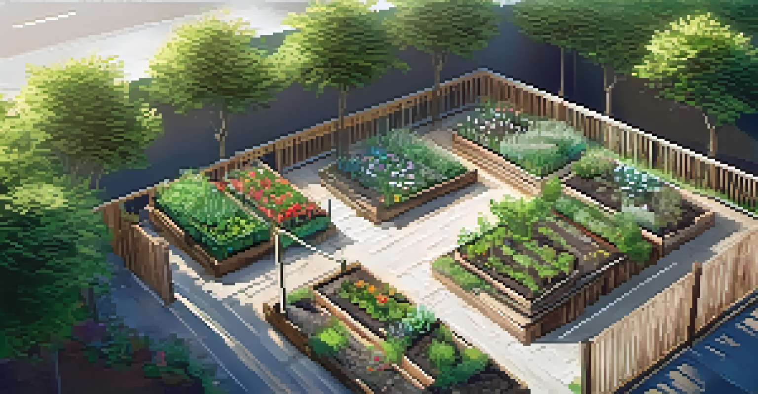 An aerial view of a structured community garden with raised beds and a gathering area.