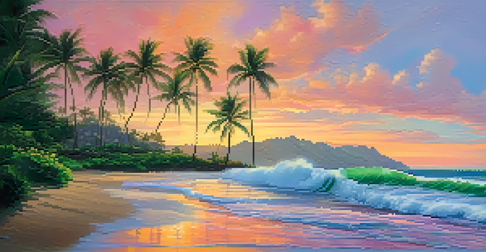 A peaceful sunrise over the Honolulu coastline, with colorful skies and gentle waves.