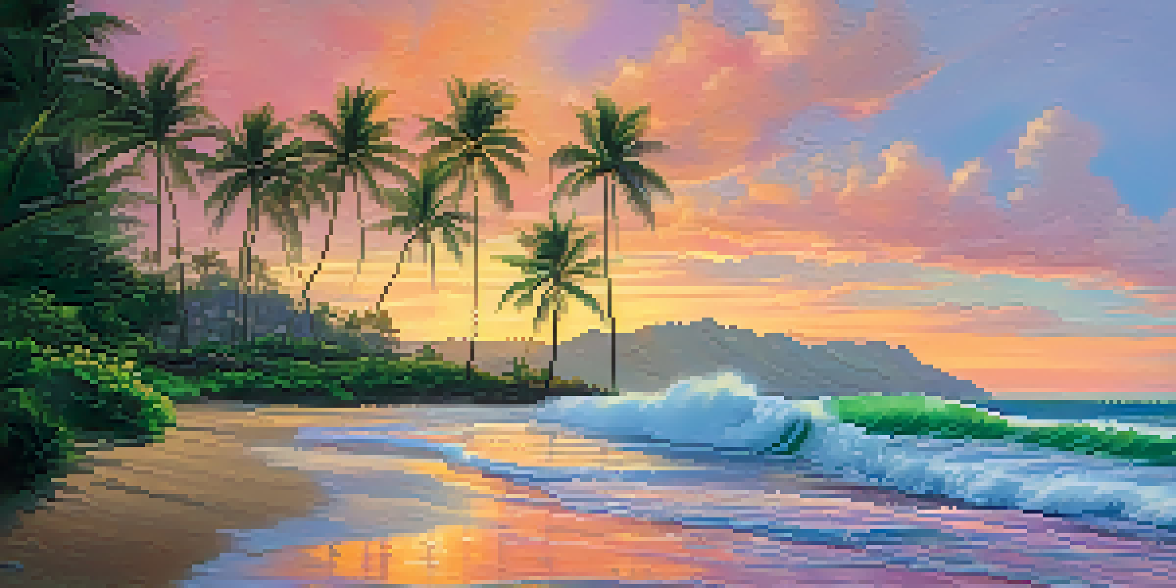 A peaceful sunrise over the Honolulu coastline, with colorful skies and gentle waves.