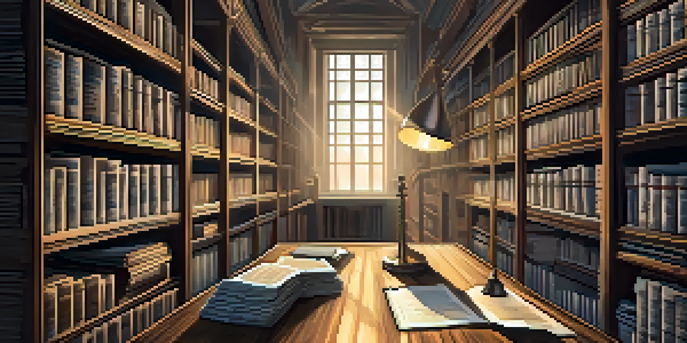 A vintage library with old newspapers and sunlight illuminating the pages.