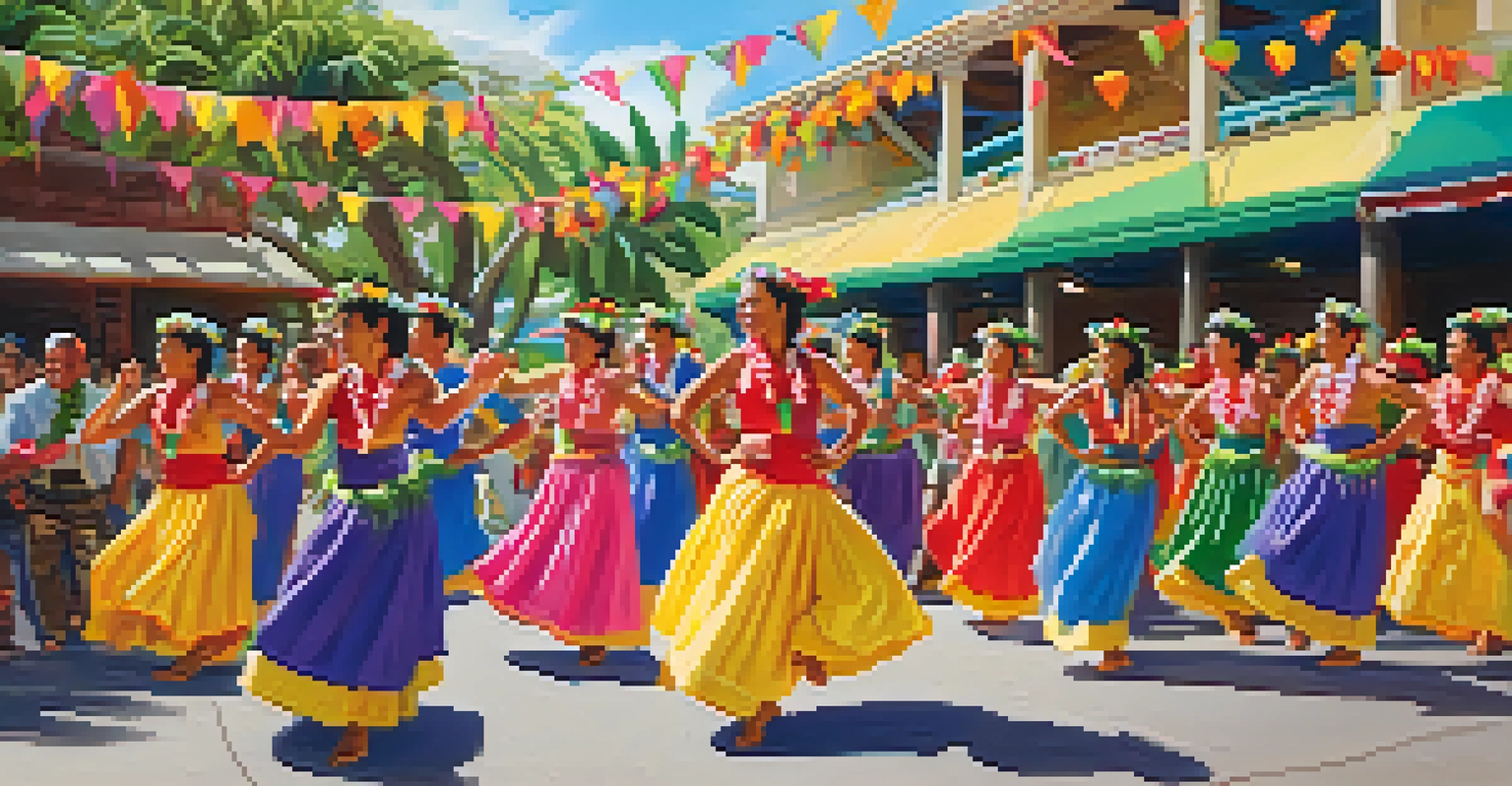A lively Hawaiian festival in Honolulu featuring hula dancers in traditional attire, surrounded by colorful decorations and local artisans showcasing crafts.