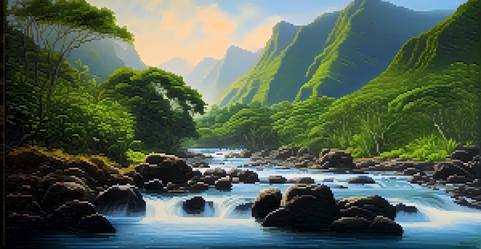 A tranquil Hawaiian landscape with a mountain, river, and lush greenery, illuminated by soft morning light with mist and offerings by the water.