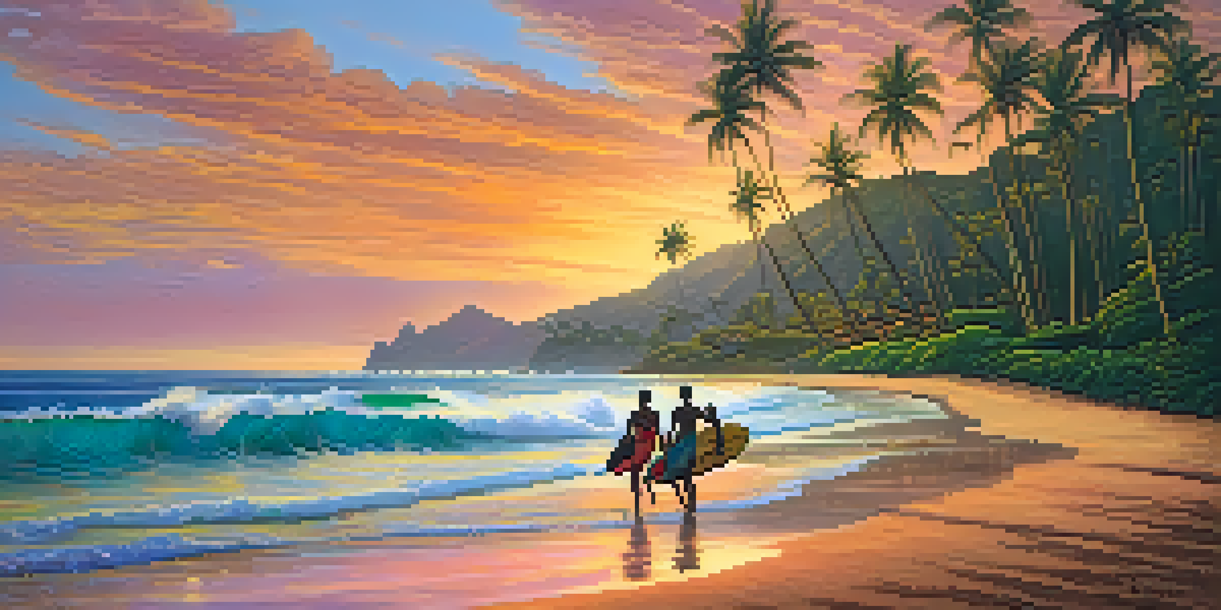 A tranquil beach at sunset with Hawaiian surfers riding wooden longboards on gentle waves, surrounded by palm trees and a colorful sky.