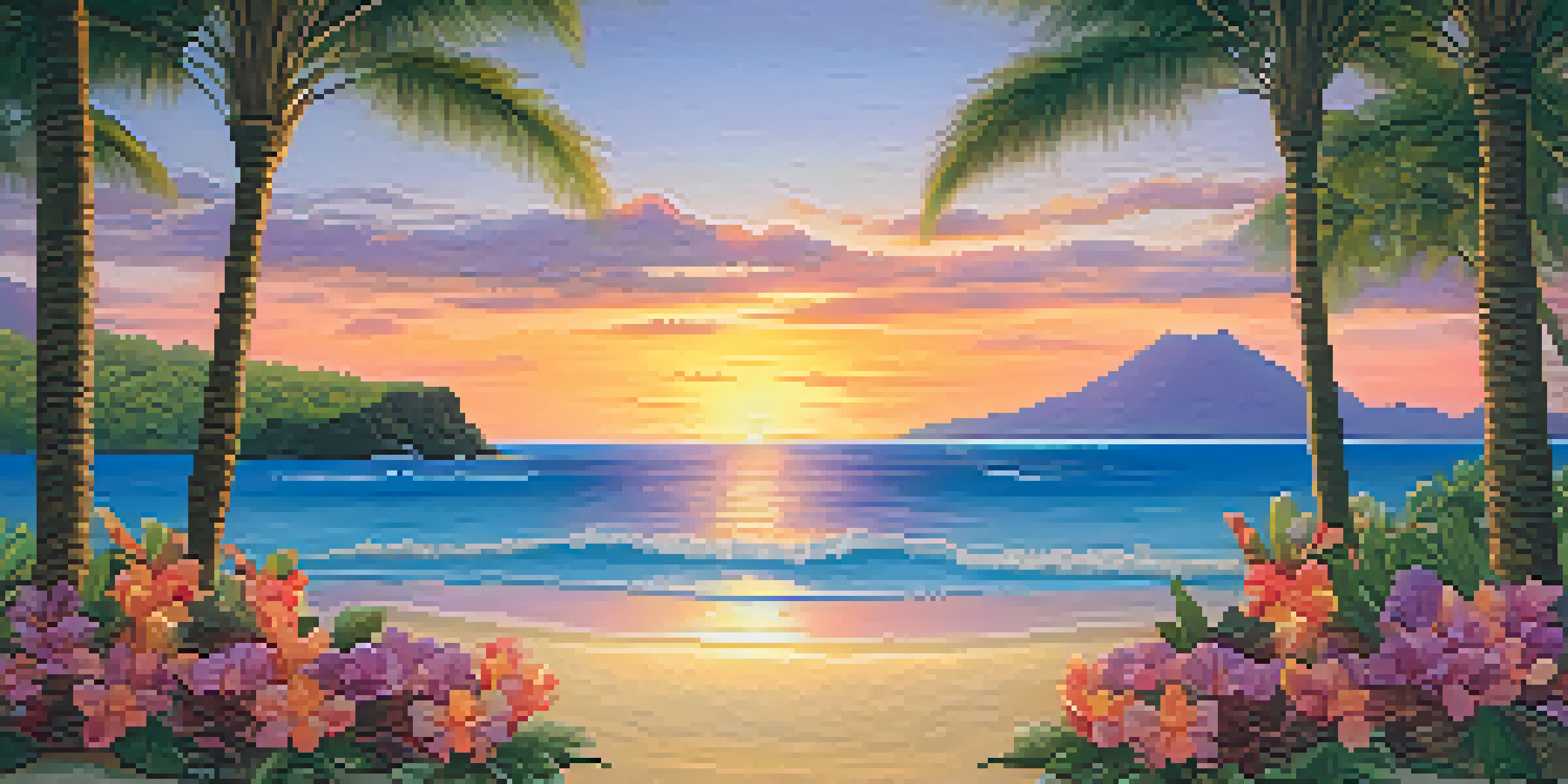 A peaceful Hawaiian beach at sunset with an altar made of shells and flowers in the foreground.
