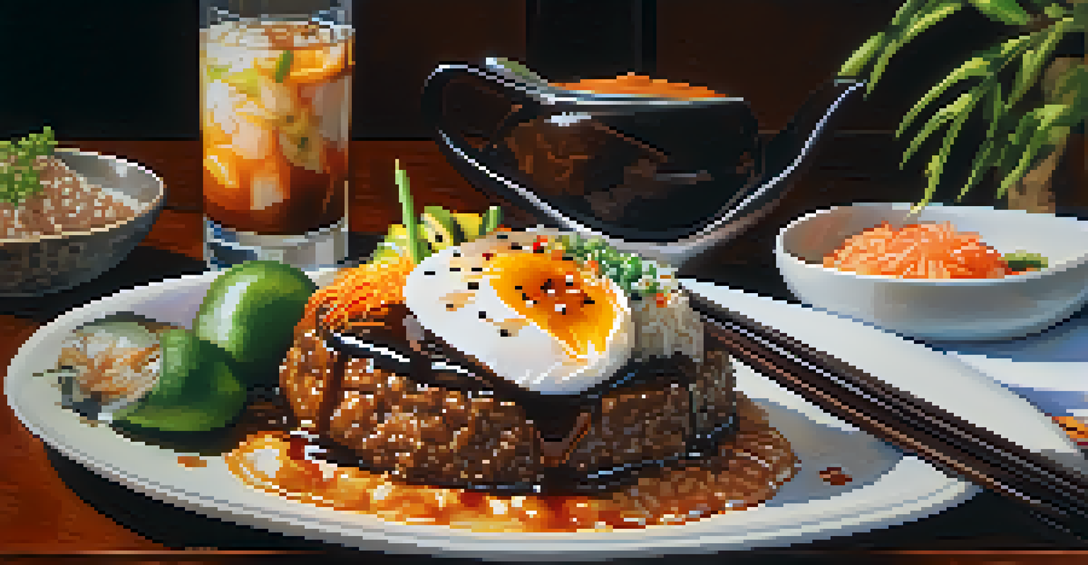 A dining table featuring loco moco with kimchi and teriyaki sauce, adorned with tropical fruits and warm ambient lighting.