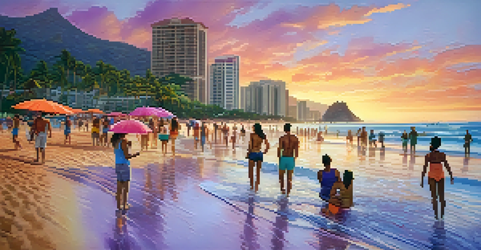 A vibrant sunset at Waikiki Beach with beachgoers and surfers, showcasing colorful umbrellas and a sky filled with shades of orange and pink.