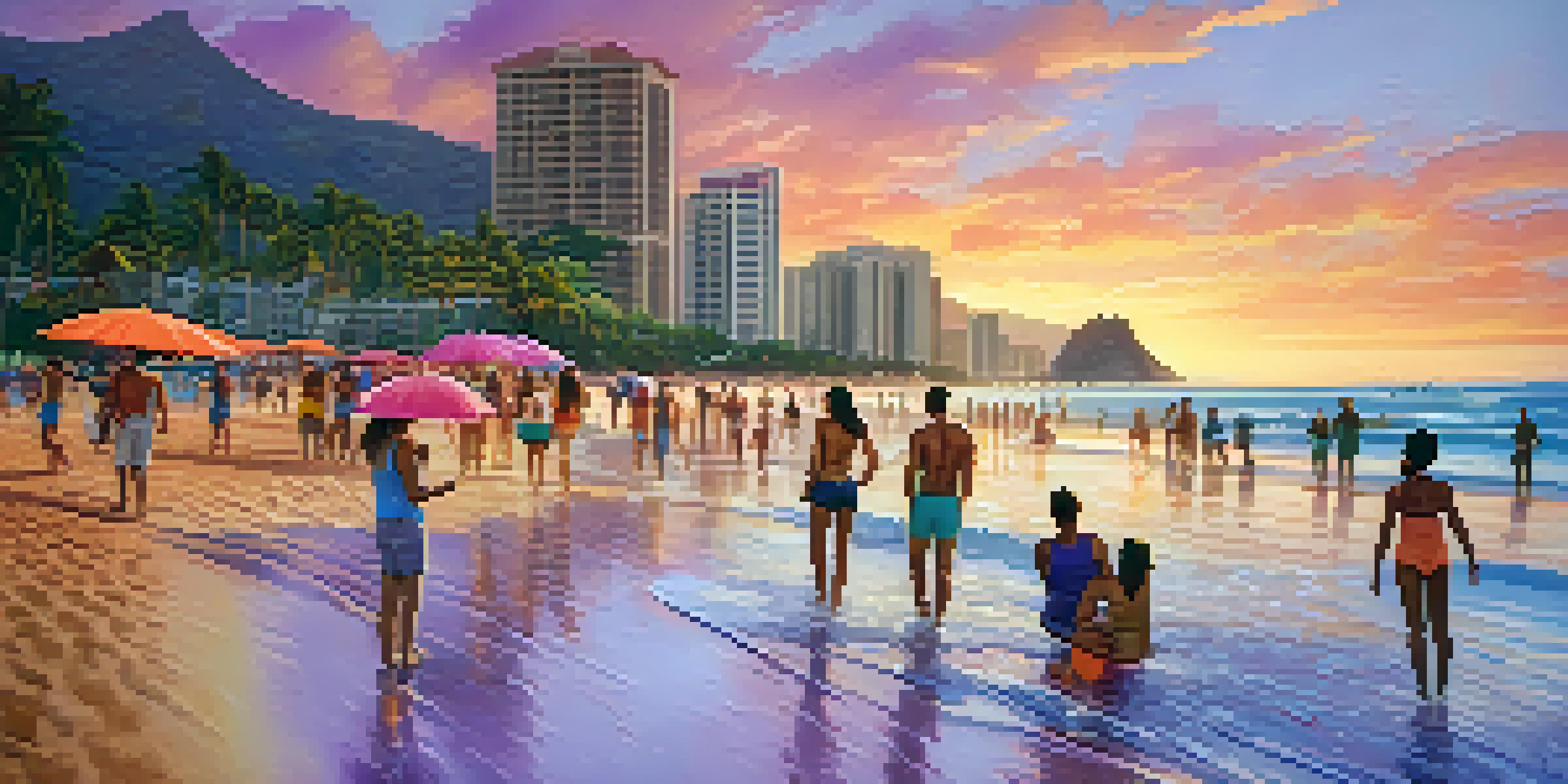 A vibrant sunset at Waikiki Beach with beachgoers and surfers, showcasing colorful umbrellas and a sky filled with shades of orange and pink.
