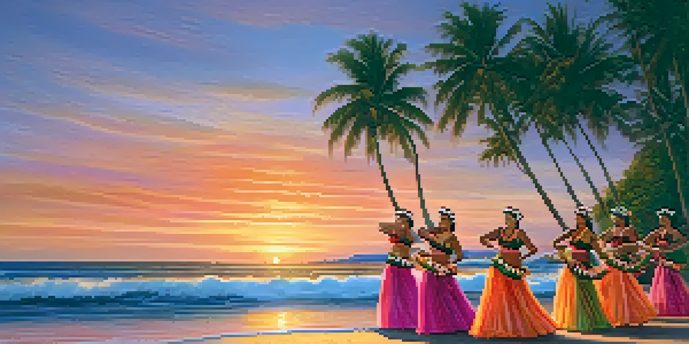 A group of Hawaiian dancers in traditional attire performing hula on a beach during sunset, with vibrant colors in the sky and ocean.