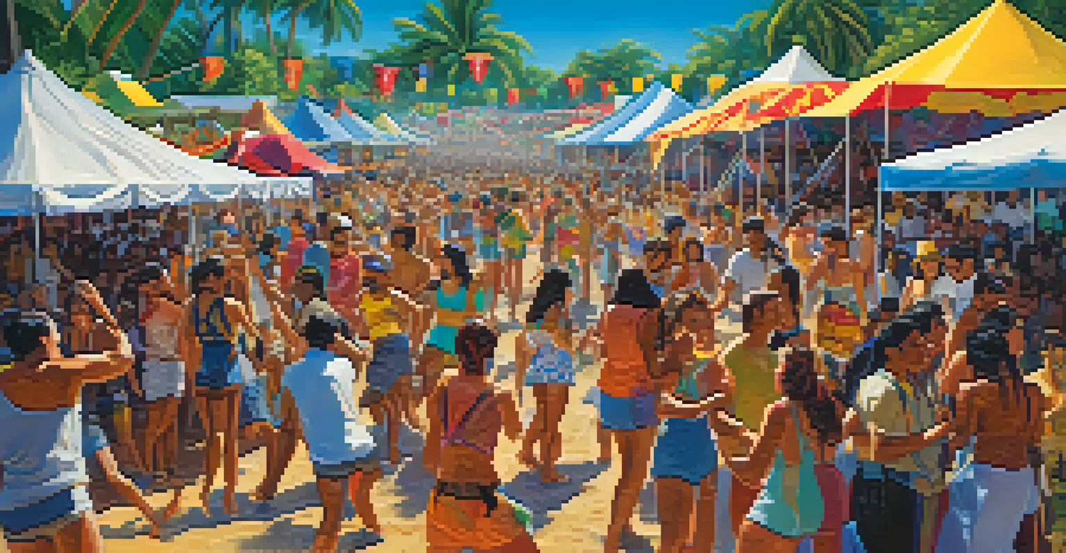 An outdoor scene at a Hawaiian music festival with local artists performing, colorful tents, and an engaged audience.