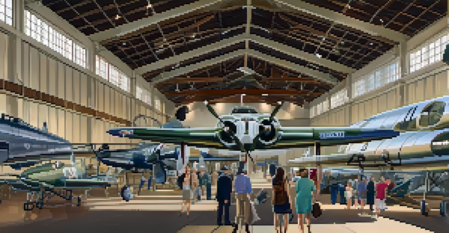 Interior view of the Pacific Aviation Museum with vintage aircraft on display and visitors interacting with exhibits.