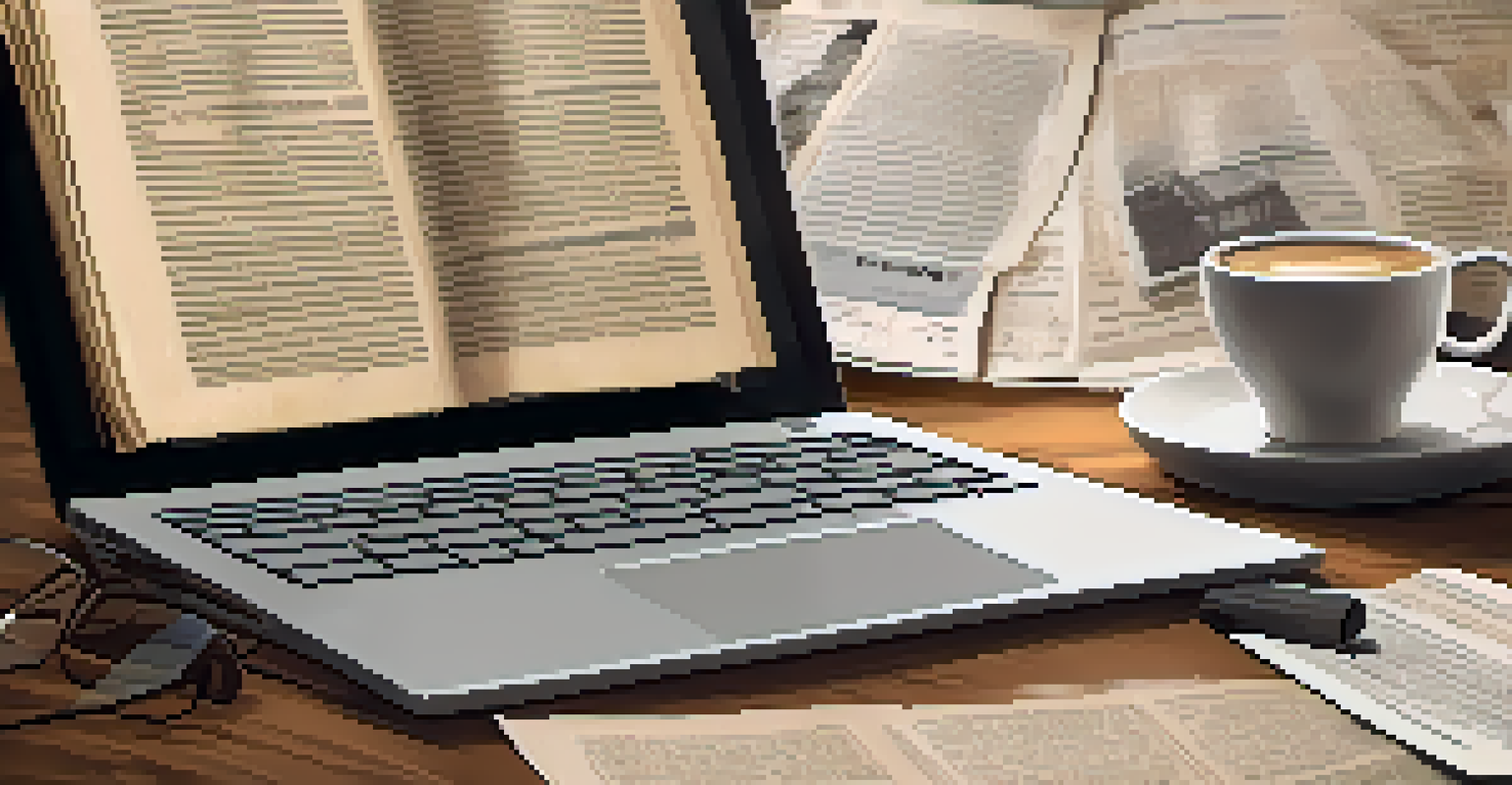 A laptop displaying a digital newspaper archive on a cozy desk with notes and coffee.