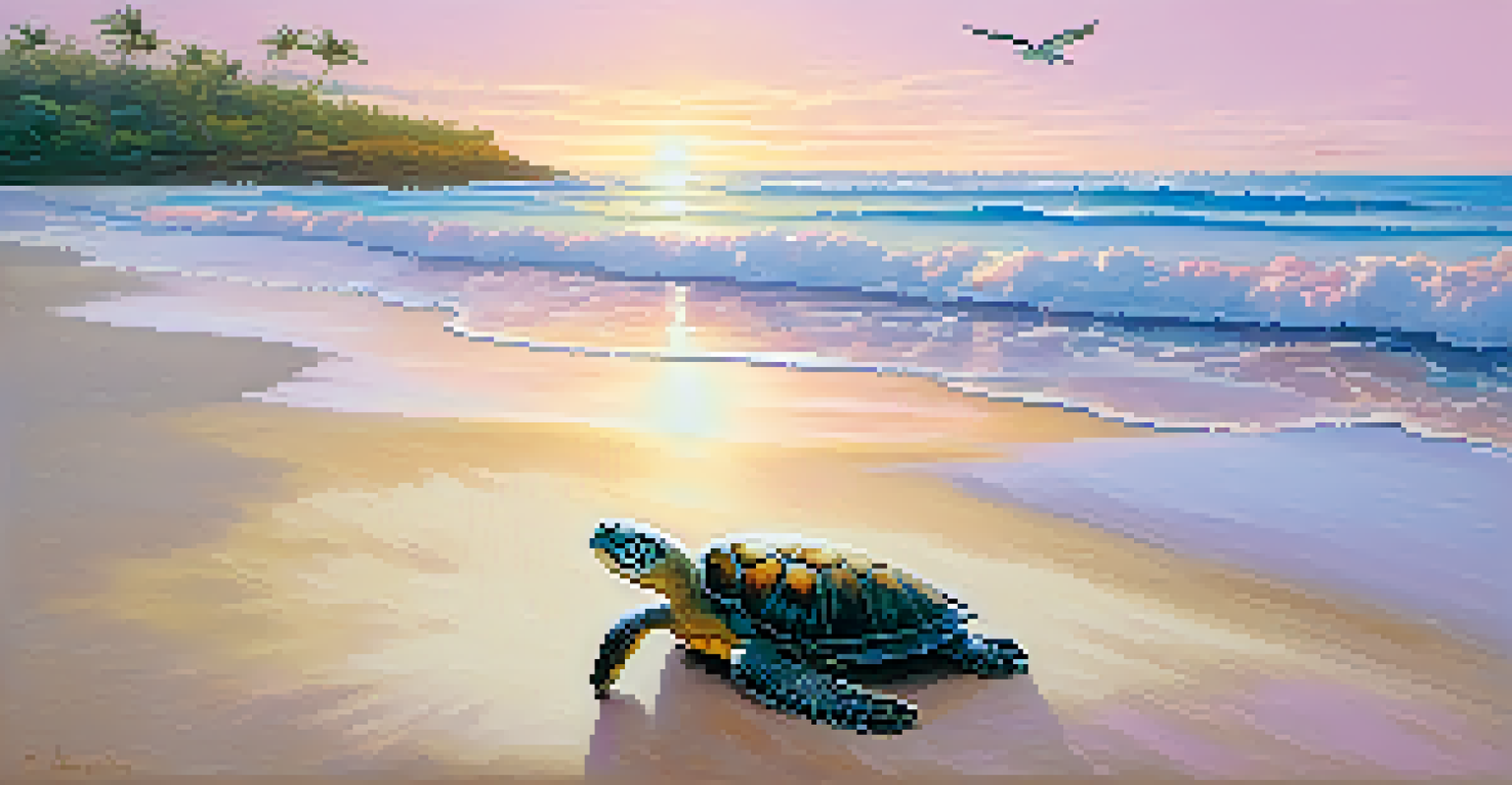 A peaceful Hawaiian beach at sunrise with a sea turtle swimming near the shore and soft pink and golden skies.