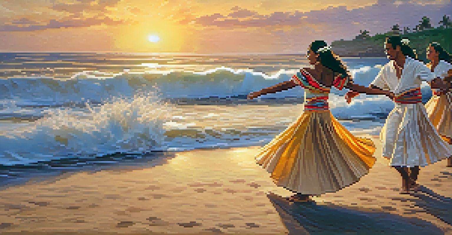 Dancers performing hula at sunset, wearing traditional attire with the ocean in the background.