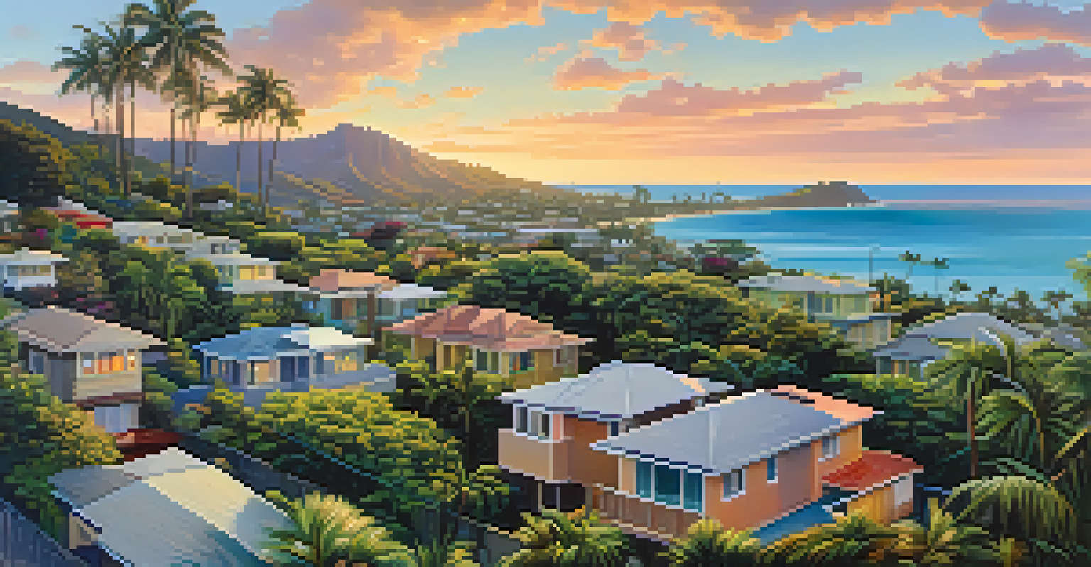 Aerial view of a colorful neighborhood in Honolulu with homes, palm trees, and the ocean.